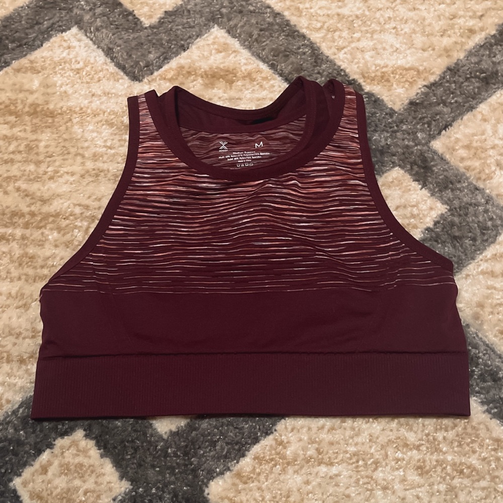 Xersion medium support medium quick dry burgundy striped sports bra